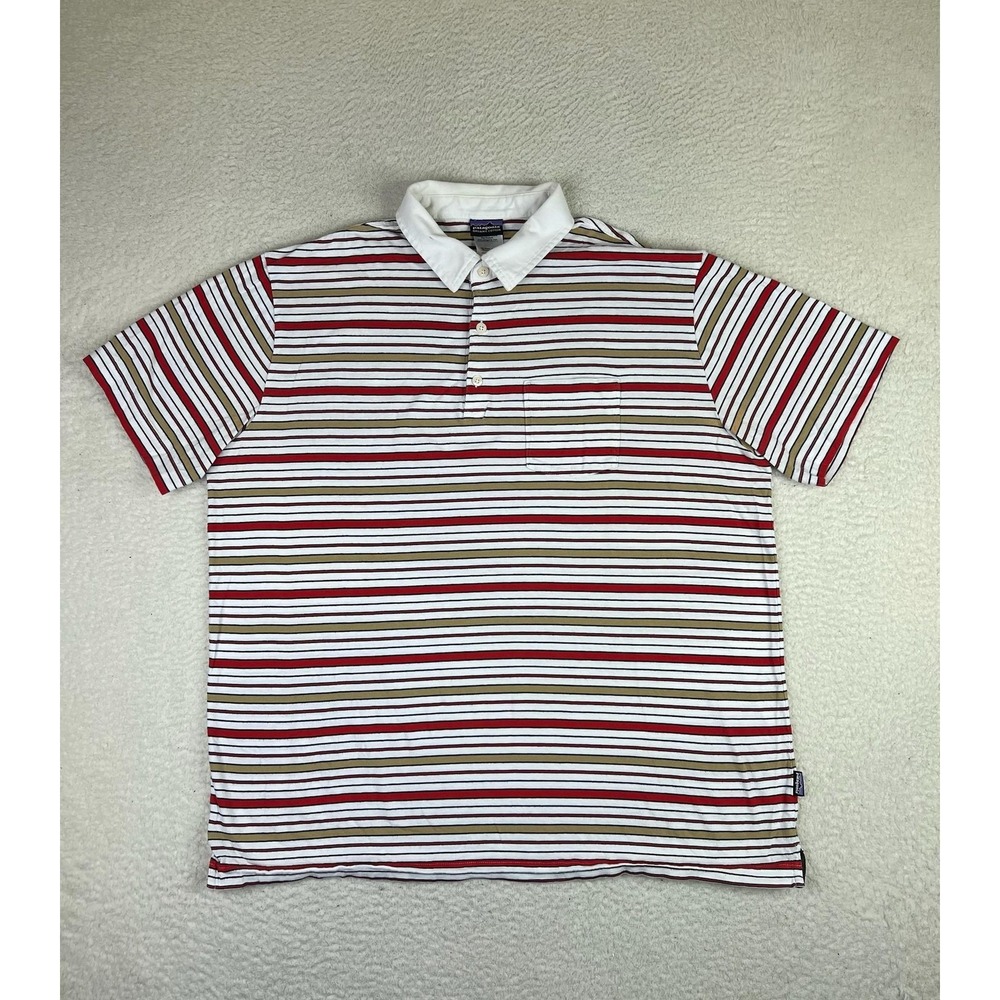Patagonia Mens XL White Striped Organic Cotton Pocket Polo Shirt 52776SP13‎